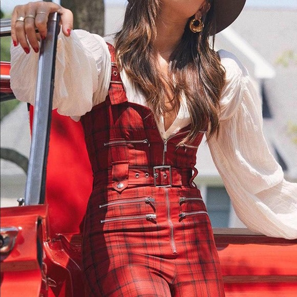 Weworewhat Red Plaid Overall Jumpsuit Red Plaid - Picture 3 of 9